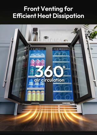 EUHOMY Wine and Beverage Refrigerator, 24 Inch Dual Zone Wine Cooler with Glass Door Hold 21 Bottles and 88 Cans, Built in or Under Counter Wine Fridge with Blue LED Light