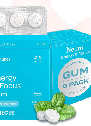 Neuro Energy & Focus Gum, Peppermint, 54 Count | 40mg Natural Caffeine Gum, 60mg L-Theanine, Vitamin B6 + B12, Sugar Free, Vegan, Clean Nootropic Energy & Focus Supplement