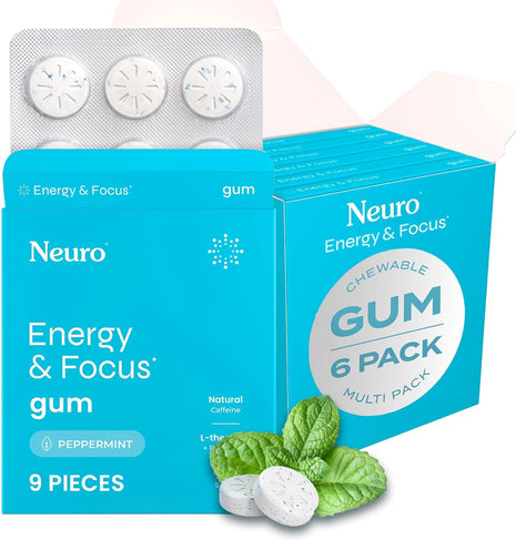 Neuro Energy & Focus Gum, Peppermint, 54 Count | 40mg Natural Caffeine Gum, 60mg L-Theanine, Vitamin B6 + B12, Sugar Free, Vegan, Clean Nootropic Energy & Focus Supplement