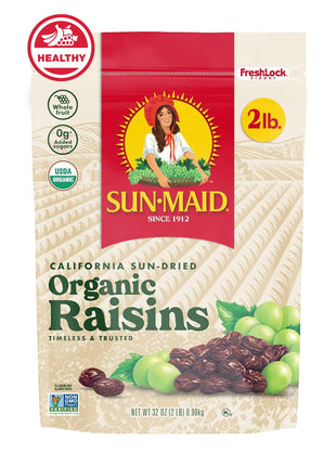 Sun-Maid Organic California Sun-Dried Raisins - 32 oz Resealable Bag - Organic Dried Fruit Snack for Lunches, Snacks, and Natural Sweeteners
