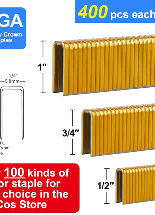 18 Gauge 1/4 Inch Norrow Crown Staples 1/2",3/4",1",1200-Pack | Galvanized Coating Resists Rust for Indoor Woodworking & Decoration for 18GA 1/4" Crown Electric Staplers and Staple Guns