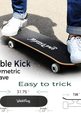 WhiteFang Skateboards for Beginners, Complete Skateboard 31 x 7.88, 7 Layer Canadian Maple Double Kick Concave Standard and Tricks Skateboards for Kids and Beginners