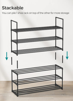 SONGMICS Shoe Rack, 3-Tier Shoe Organizer, Metal Storage Shelf, Upright or Upside Down, for 16-20 Pairs, Stackable, for Entryway, 11.8 x 36.2 x 21.7 Inches, Black ULSA303B02