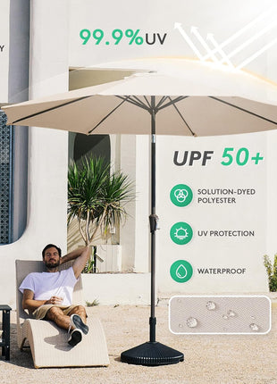 JEAREY 9FT Outdoor Patio Umbrella Outdoor Table Umbrella with Push Button Tilt and Crank, Market Umbrella 8 Sturdy Ribs UV Protection Waterproof for Garden, Deck, Backyard, Pool (Beige)