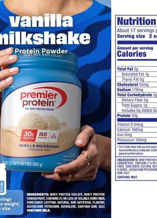 Premier Protein 30g High Protein Powder, 100% Whey, Vanilla, 17 Servings | No Added Sugar, Supports Muscle Health, Soy & Gluten-Free, 1.5 lb