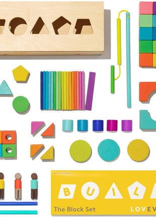 LOVEVERY | The Block Set | Solid Wood Building Blocks and Shapes + Wooden Storage Box, 70 Pieces, 18 Colors, 20+ Activities, Toddler Block Set and Converts into a Pull Car, Ages 12 to 48+ months
