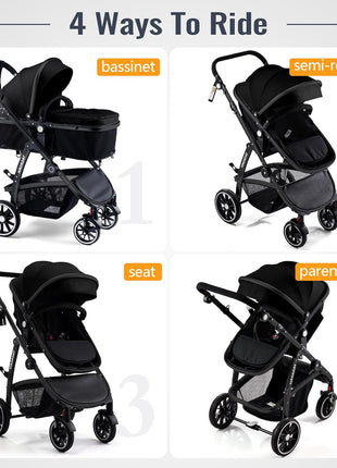 Baby Stroller, 2-in-1 Reversible Toddler Seat with Lie-Flat Mode, Foldable Infant Stroller with Canopy, One Button Brake, Adjustable Handle, Newborn Pushchair (Black B)