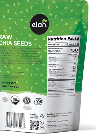 Elan Organic Chia Seeds, 8.8 oz, Natural Raw Black Chia Seeds, Plant Based, Non GMO, Vegan, Gluten Free, Kosher, Gels Easily, Superfood