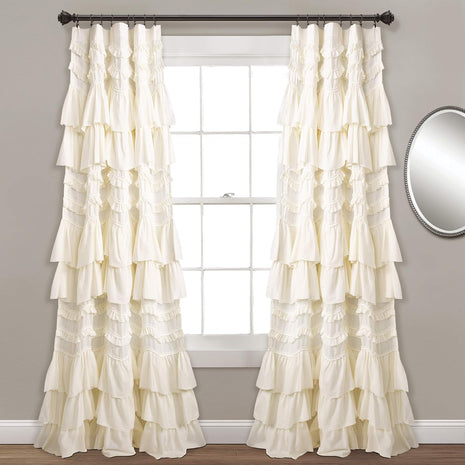 Lush Decor Kemmy Light Filtering Window Curtain Panel Single 52 inch W x 84 inch L Ivory - Drapes - Ruffled Curtains for Bedroom - Cream Curtains - Coquette Decor