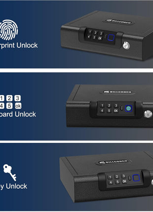 Biometric Gun Safe for Pistols 3-Ways unlock Fingerprint Digital PIN Key Unlock Handgun Safe with Sound, Lock box for Cloakroom living room Bedroom Nightstand and Car BILLCONCH