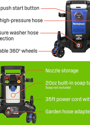 Westinghouse ePX3500 Electric Pressure Washer, 2500 Max PSI 1.76 Max GPM with Anti-Tipping Technology, Onboard Soap Tank, Pro-Style Steel Wand, 5-Nozzle Set, for Cars/Fences/Driveways/Home/Patios