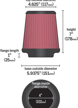 Airaid 700-458 Universal Clamp-On Air Filter: Round Tapered; 4 Inch (102 mm) Flange ID; 7 Inch (178 mm) Height; 7 Inch (178 mm) Base; 4.625 Inch (117 mm) Top