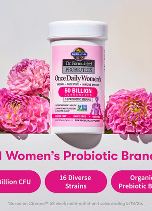 Garden of Life Once Daily Dr. Formulated Probiotics for Women 50 Billion CFU 16 Probiotic Strains with Organic Prebiotics for Digestive, Vaginal & Immune Health, Dairy Free, Shelf Stable 30 Capsules