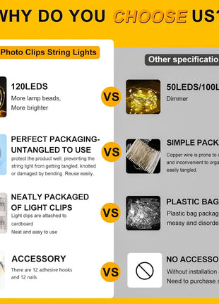 HXWEIYE 120LED Warm White 40Ft Fairy String Light with 52 Clear Clips & 12 Hooks, USB Powered, Waterproof, 8 Modes & Timer, Perfect for Indoor/Outdoor, Bedroom, Party, Wedding Decor