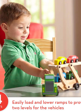 Melissa & Doug Car Carrier Truck and Cars Wooden Toy Set with 1 Truck and 4 Cars 5.75inch x 12inch x 3inch