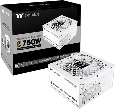 Thermaltake Toughpower GT 750W Snow ATX 3.1 Power Supply; 80 Plus Gold Efficiency; Smart Zero Fan; Native 600W PCIe 5.1 Connector; PS-TPT-0750FNFAGU-W; 5 Year Warranty