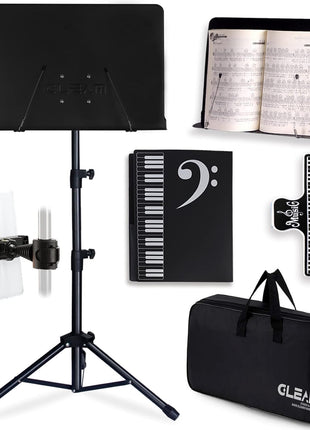 GLEAM Sheet Music Stand - Full Metal with Carrying Bag, Phone Holder, Sheet Music Folder and Clip, 5 in 1 Desktop Book Stand - Black