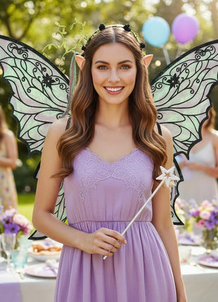 Fairy Wings for Adults, Fairy Costume Set with Floral Garland, Fairy Hair Tinsel, Wand & Elf Ears – 31.5"x21.6" Organza Butterfly Wings – Ideal for Cosplay, Party, Black