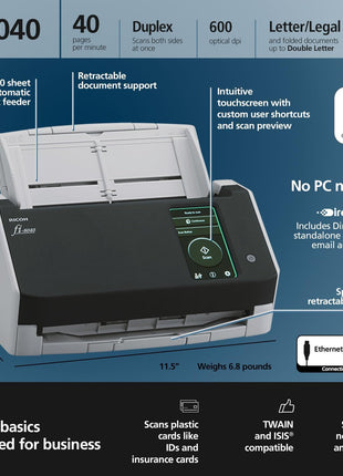 RICOH fi-8040 Fast Front Office & Desktop Document, Receipt, ID Card Scanner with 50 Page Auto Feeder and PC-Less DirectScan Network Scanning Capability