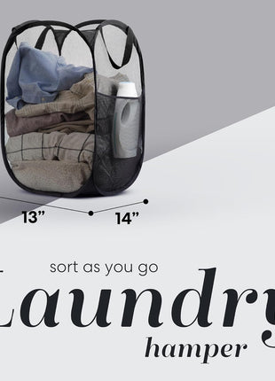 Handy Laundry Collapsible Mesh Pop Up Hamper with Wide Opening and Side Pocket   Breathable, Sturdy, Foldable, and Space Saving Design for Clothes and Storage (Black)
