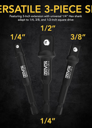 LEXIVON Impact Grade Socket Adapter Set, 3" Extension Bit With Holder | 3-Piece 1/4", 3/8", and 1/2" Drive, Adapt Your Power Drill To High Torque Impact Wrench (LX-101)