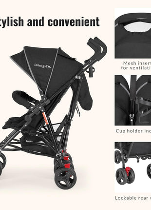 Dream On Me Volgo Twin Umbrella Stroller in Black, Lightweight Double Stroller for Infant & Toddler, Compact Easy Fold, Large Storage Basket, Large and Adjustable Canopy