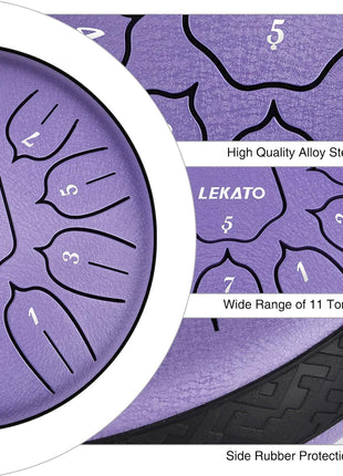 LEKATO Steel Tongue Drum 6 Inch 11 Notes, Rain Drum D Major Handpan Drum for Meditation Yoga Beginner Christmas Gift for Families/Friends,Purple