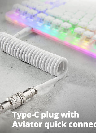 GUNMJO Pro Custom Coiled USB C Cable for Gaming Keyboard, Double-Sleeved Mechanical Keyboard Cable with Detachable Metal Aviator, 1.5M USB-C to USB-A, White Color (White)