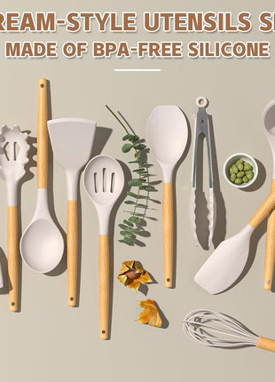 Umite Chef Kitchen Cooking Utensils Set, 33 pcs Non-Stick Silicone Cooking Kitchen Utensils Spatula Set with Holder, Wooden Handle Silicone Kitchen Gadgets Utensil Set (Khaki)