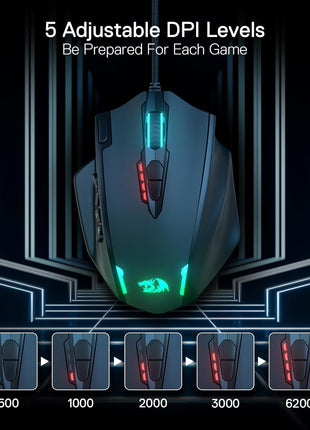 Redragon M908 Impact RGB LED MMO Gaming Mouse with 12 Side Buttons, Optical Wired Ergonomic Mouse with Max 12,400DPI, High Precision, 18 Programmable Macro Shortcuts, Comfort Grip