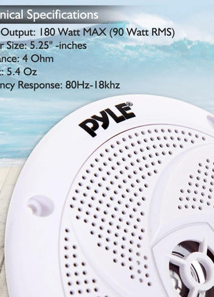 Pyle Marine Speakers - 5.25 Inch 2 Way Waterproof and Weather Resistant Outdoor Audio Stereo Sound System with 180 Watt Power and Low Profile Slim Style - 1 Pair - PLMRS5W (White)