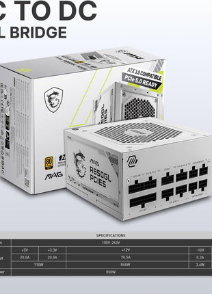 MSI MAG A850GL PCIE5 White, Fully Modular Compact Gaming 850W Power Supply, 80+ Gold, ATX 3.1 & PCIe 5.1 Ready, Native Dual-Color 12V-2x6 Cable, 10 Year Warranty