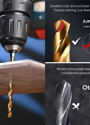 amoolo Hex Shank Drill Bit Set (13Pcs Set Pcs Free), Premium 4341 HSS Titanium Impact Hex Drill Bits for Wood, Steel, Metal, Plastic, Quick Change Design (1/16 -1/4 )