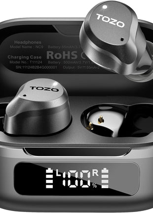 TOZO NC9 Hybrid Active Noise Cancelling Wireless Earbuds, 6 Mics ENC Clear Call, IPX8 Waterproof, in Ear Bluetooth 5.3 Headphones Stereo Bass Ear Buds 59H Playtime with LED Display 32 EQs via APP