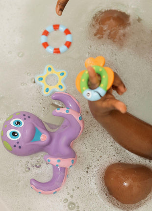 Nuby Floating Octopus with 3 Hoopla Rings - Baby & Toddler Bath Toy - No Hole Design Keeps Moisture Out - Fine Motor Skills - 18+ Months - Great Baby Pool Toys | 3 Hoopla Rings