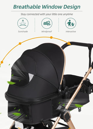6-in-1 Convertible Baby Stroller with Bassinet Pushchair - Folding Infant Newborn Stroller w/Footmuff, Rain Cover, Cup Holder & Large Storage, Toddler w/All-Scene Large Wheels, Reversible Seat(Black)