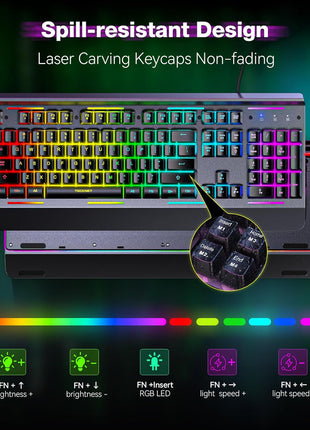 TECKNET Wired Gaming Keyboard, USB Wired Computer Keyboard, 15-Zone RGB Illumination, IP32 Water Resistance, 25 Anti-ghosting Keys, All-Metal Panel (Whisper Quiet Design)