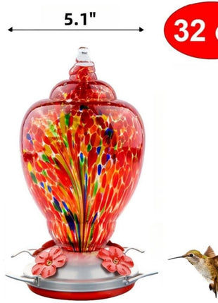 WOSIBO Hummingbird Feeder for Outdoors Patio Large 32 Ounces Colorful Hand Blown Glass Hummingbird Feeder with Ant Moat Hanging Hook, Rope, Brush and Service Card (RED-Firework)