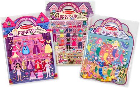 Melissa & Doug Puffy Sticker Activity Books Set of 3 – Dress-Up, Princess & Mermaid, with 208 Reusable Stickers and Fold-Out Scenes, Mess-Free Travel Toys for Kids Ages 4+ - FSC Certified