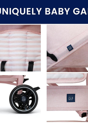 babyGap Classic Stroller - Lightweight Stroller with Recline, Compact Fold & Removable Parent Organizer - Made with Sustainable Materials, Pink Stripes