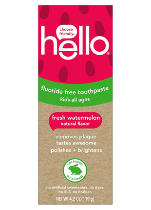 hello Kids Fluoride Free Toothpaste, Fresh Watermelon, 4.2 oz | For Kids of All Ages, Removes Plaque, Polishes and Brightens, Tastes Awesome, Vegan, Gluten Free, SLS Free