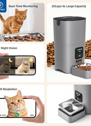 PAPIFEED Automatic Cat Feeder with Camera, 1080P HD & Night Vision, 6L Cat Food Dispenser with App, 5G WiFi Timed Cat Feeder for Dry Food, 2-Way Audio, Smart Pet Feeder for Dog, 1-10 Meals/Day, Grey