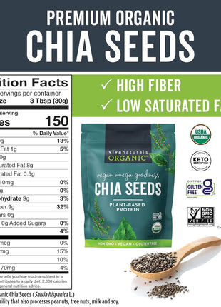 Viva Naturals Organic Chia Seeds, 2 lb, 32 Oz – Plant-Based Omega-3 and Vegan Protein, Gluten Free & Non-GMO, Perfect for Smoothies, Salads & Chia Pudding