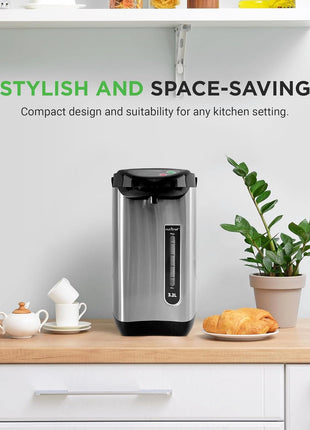NutriChef Hot Water Urn Pot Insulated Stainless Steel,Auto & Manual Dispense,Auto Boiler,Safety Lock Shutoff 3.38 QT /3.2L   Auto Boiler Shut Off   PKWK43