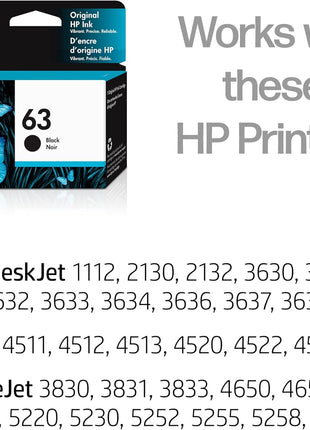 HP 63 Black Ink Cartridge for HP Printers | Works with Printer Series: DeskJet 1112, 2130, 3630; ENVY 4510, 4520; OfficeJet 3830, 4650, 5200 | Eligible for Instant Ink | F6U62AN