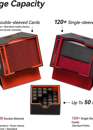 Card Deck Box for MTG Commander - Patented Design, Commander Display, Fits 100 Double-Sleeved Cards, 35pt Card Brick & Dice Tray - Black/Red