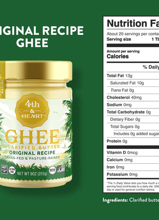 4th & Heart Original Grass-Fed Ghee, Clarified Butter, 1:1 Butter Substitute, Pasture-Raised, Lactose & Casein Free, 9 oz
