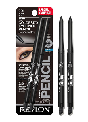 Revlon ColorStay Pencil Waterproof Eyeliner, Smudge-Proof, Eye Makeup with Built-In Sharpener, Long-Lasting, Matte Finish, 201 Black, 2 pack
