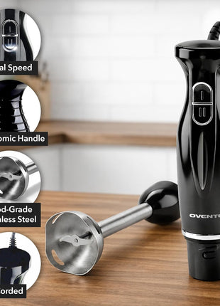 OVENTE Electric Corded Hand Blender, 300W with 2 Mixing Speeds Black HS560B | Handheld Immersion Stick Mixer with Stainless Steel Blades for Smoothies, Purees & Baby Food