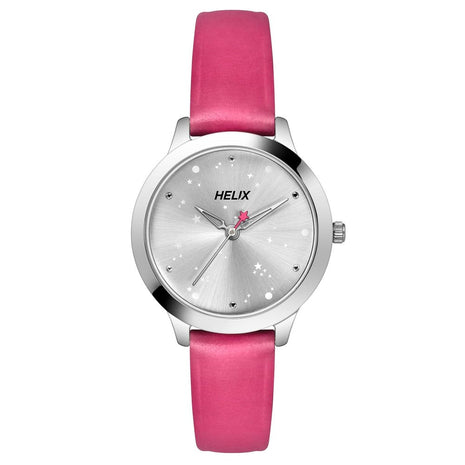 Helix by Timex Analog Watch for Women with Silver Round Dial & Pink Leather Strap Band Water Resistant Women's Wrist Watches - TW022HL29